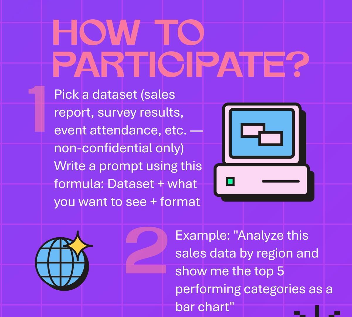 How to participate. 1) Pick a non-confidential dataset and write a prompt using the formula: Dataset + what you want to see + format. 2) Example: Analyze this sales data by region and show me the top 5 performing categories as a bar chart.