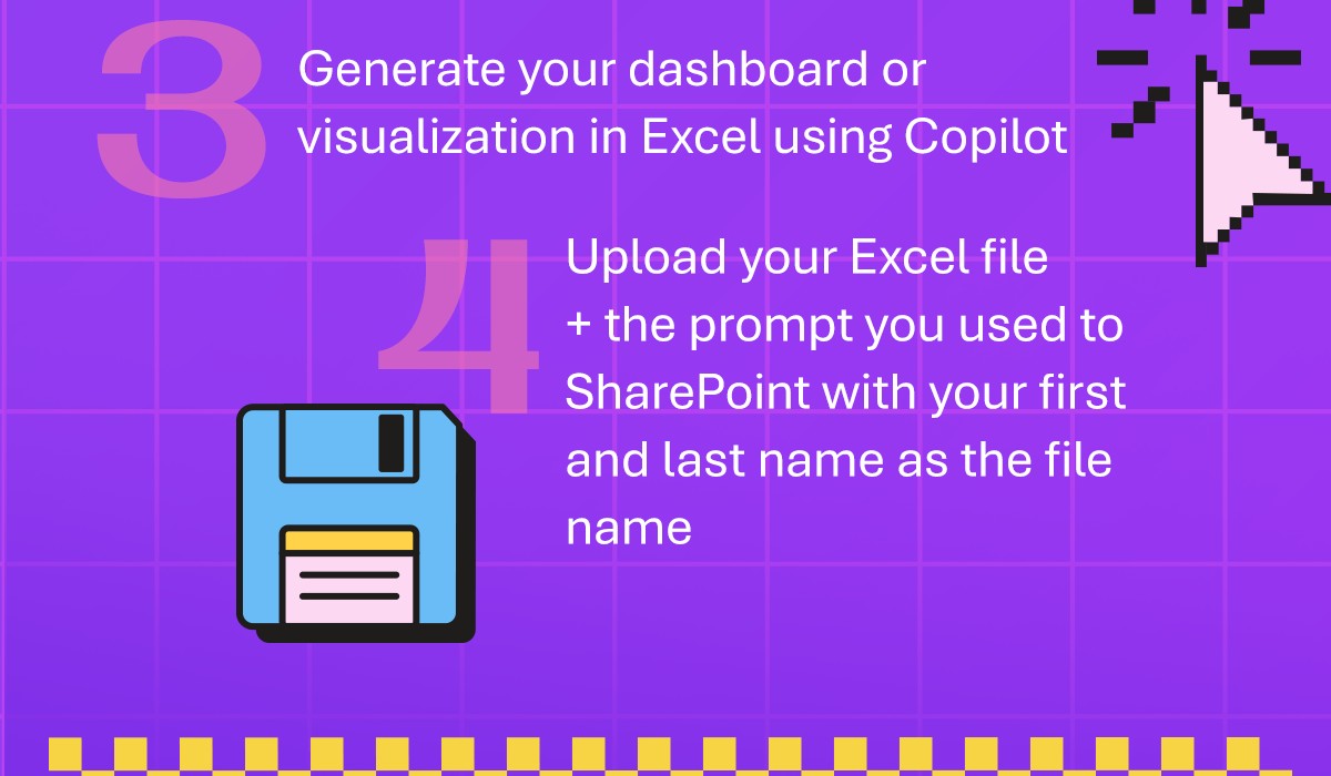 3) Generate your dashboard or visualization in Excel using Copilot. 4) Upload your Excel file plus the prompt you used to SharePoint, with your first and last name as the file name.